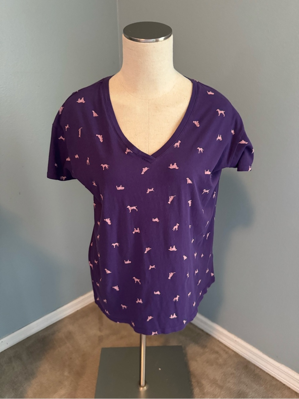 Life Is Good Purple V-Neck Tee with Pink Dog Print